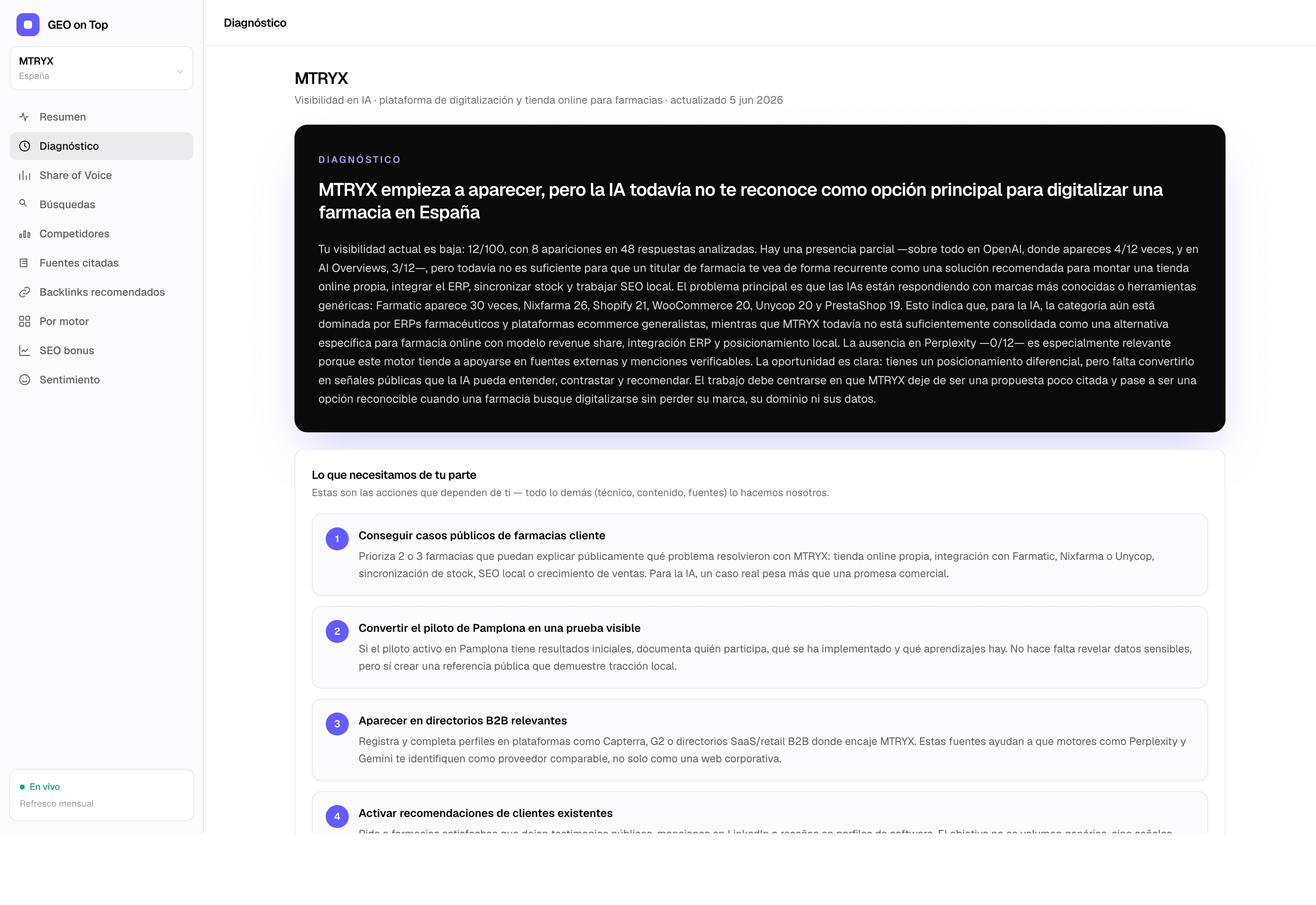 Diagnóstico ejecutivo: tarjeta negra con el headline del análisis y lista de acciones que el cliente tiene que hacer